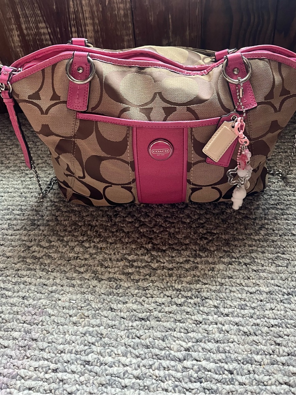 Coach Brown Signature Canvas Shoulder Bag with Pink Trim